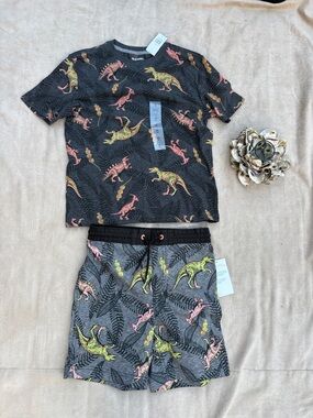 🌊Kids Black Dinosaur Print Beach Outdoor Set Short Sleeve Top & Shorts - M (8)